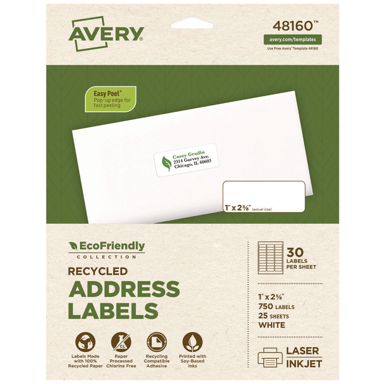Avery EcoFriendly Mailing Labels, Inkjet/Laser Printers, 1 x 2.63, White, 30/Sheet, 25 Sheets/Pack (AVE48160)