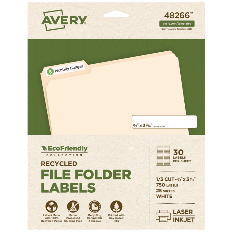 Avery EcoFriendly Permanent File Folder Labels, 0.66 x 3.44, White, 30/Sheet, 25 Sheets/Pack (AVE48266)