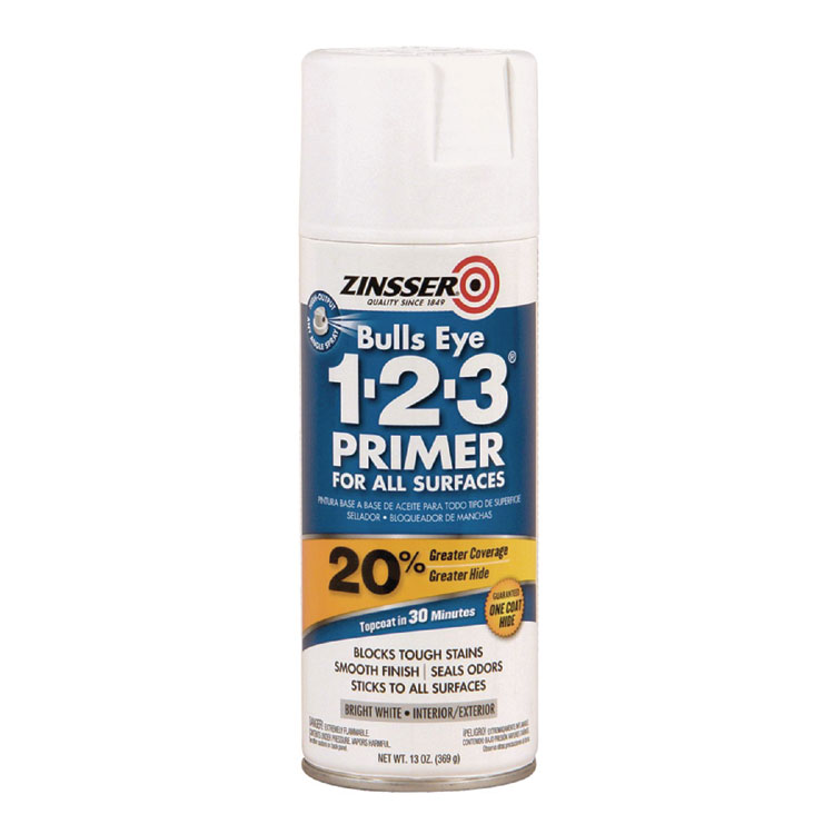 Zinsser Bulls Eye 1-2-3 Primer Spray, Interior/Exterior, Flat White, 13 oz Aerosol Can, 6/Carton (RST2008)