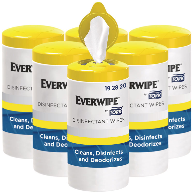 Tork Everwipe by Tork Disinfectant Wipe Canisters, 1-Ply, 7 x 7, Lemon, White, 75 Sheets/Canister, 6/Carton (TRK192820)