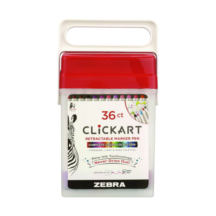 Zebra ClickArt Porous Point Pen, Retractable, Fine 0.6 mm, Assorted Ink Colors, White Barrel, 36/Pack (ZEB69836)