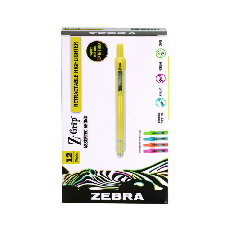 Zebra Z-Grip Retractable Highlighter Markers, Assorted Neon Ink, Chisel Tip, Assorted Neon Barrel, Dozen (ZEB71200)