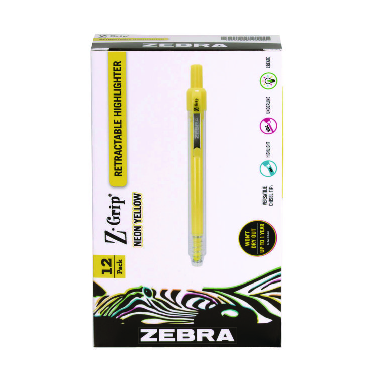 Zebra Z-Grip Retractable Highlighter Markers, Neon Yellow Ink, Chisel Tip, Neon Yellow Barrel, Dozen (ZEB71250)