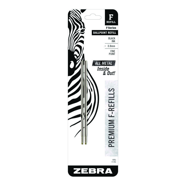 Zebra F-Series Ballpoint Stainless Steel Pen Refill, Fine 0.8 mm Conical Tip, Black Ink, 2/Pack (ZEB89112)