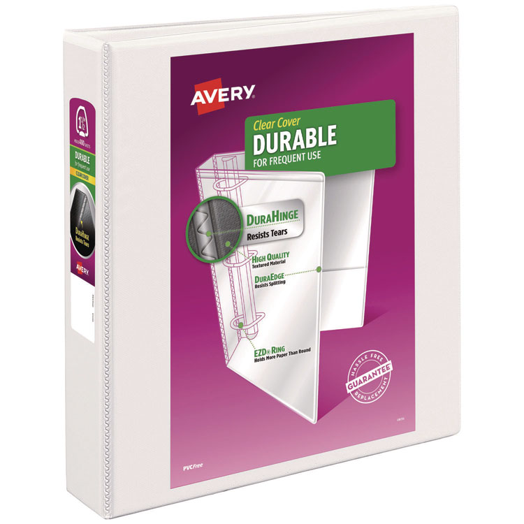 Avery Durable View Binder with DuraHinge and EZD Rings, 3 Rings, 1.5" Capacity, 11 x 8.5, White, (9401) (AVE09401)