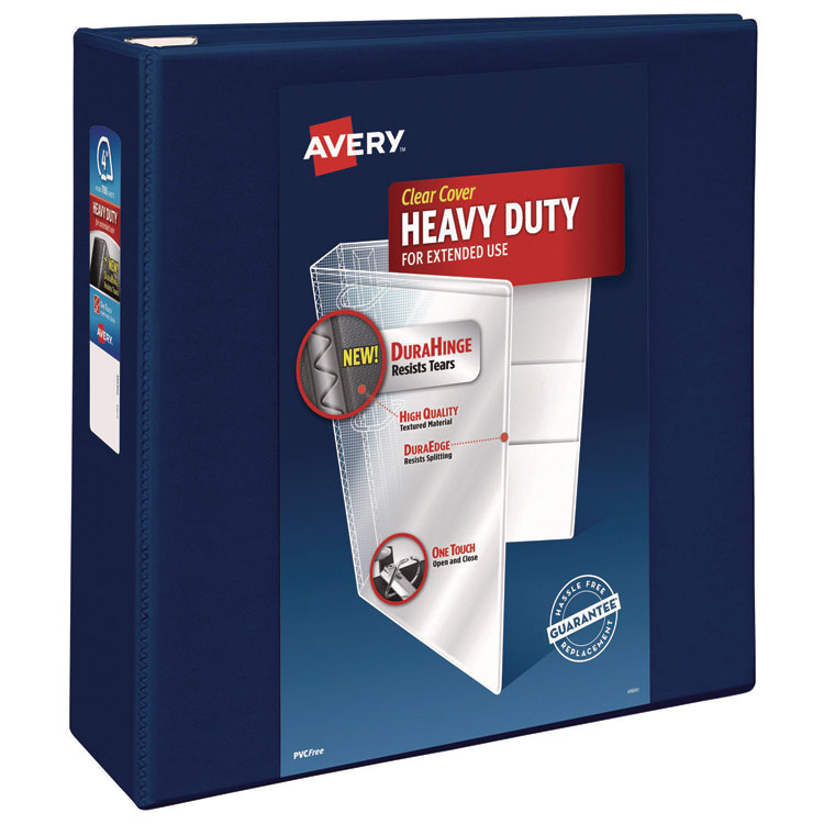 Avery Heavy-Duty View Binder with DuraHinge and Locking One Touch EZD Rings, 3 Rings, 4" Capacity, 11 x 8.5, Navy Blue (AVE79804)