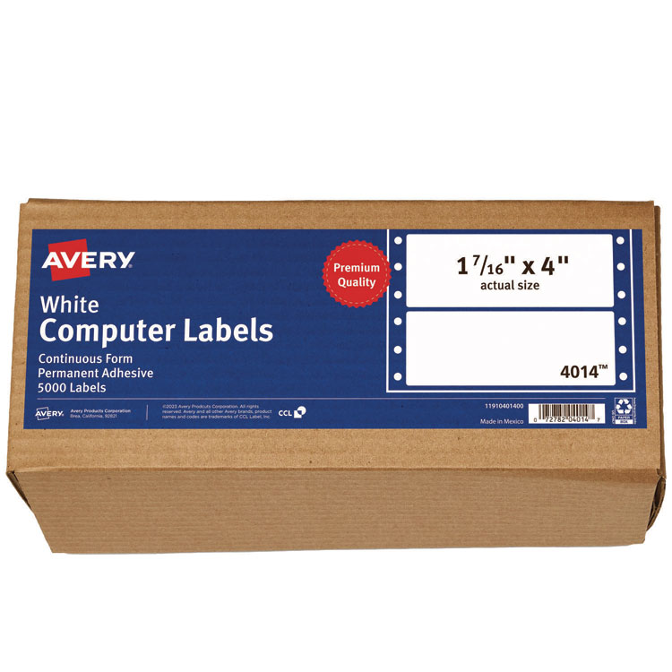 Avery Dot Matrix Printer Mailing Labels, Pin-Fed Printers, 1.44 x 4, White, 5,000/Box (AVE4014)