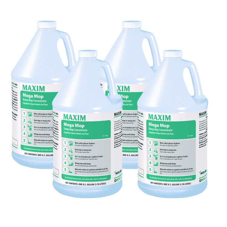 Maxim Mega Mop Damp Mop Concentrate, Lemon Scent, 1 gal Bottle, 4/Carton (MLB18000041)