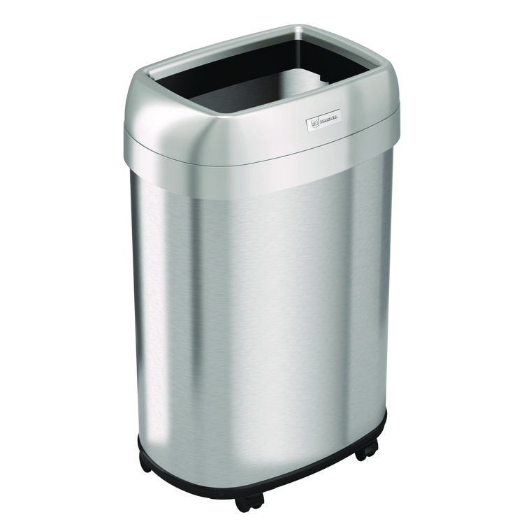 HLS COMMERCIAL Open Top Trash Can with Wheels, Oval, 13 gal, Plastic/Stainless Steel, Silver (HLMHLS13STVM)