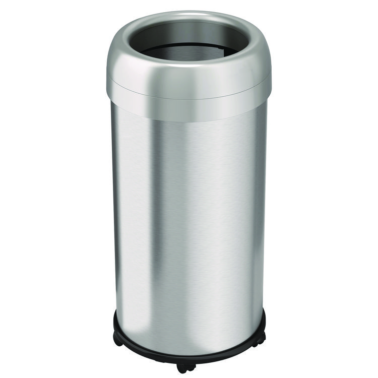 HLS COMMERCIAL Open Top Trash Can with Wheels, Round, 16 gal, Plastic/Stainless Steel, Silver (HLMHLS16STRM)