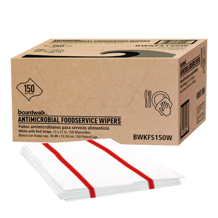 Boardwalk Antimicrobial Foodservice Wipers, 1-Ply, 12 x 21, Red/White, 150/Carton (BWKFS150W)