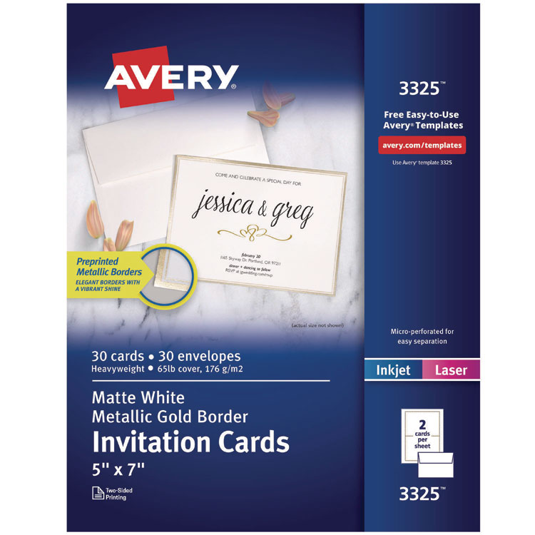 Avery Invitation Cards with Metallic Border, Inkjet/Laser, 80 lb, 5 x 7, Matte White, 2 Cards/Sheet, 15 Sheets/Pack (AVE3325)