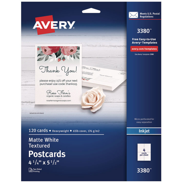 Avery Printable Postcards, Inkjet, 65 lb, 4.25 x 5.5, Textured Matte White, 120 Cards, 4 Cards/Sheet, 30 Sheets/Box (AVE3380)