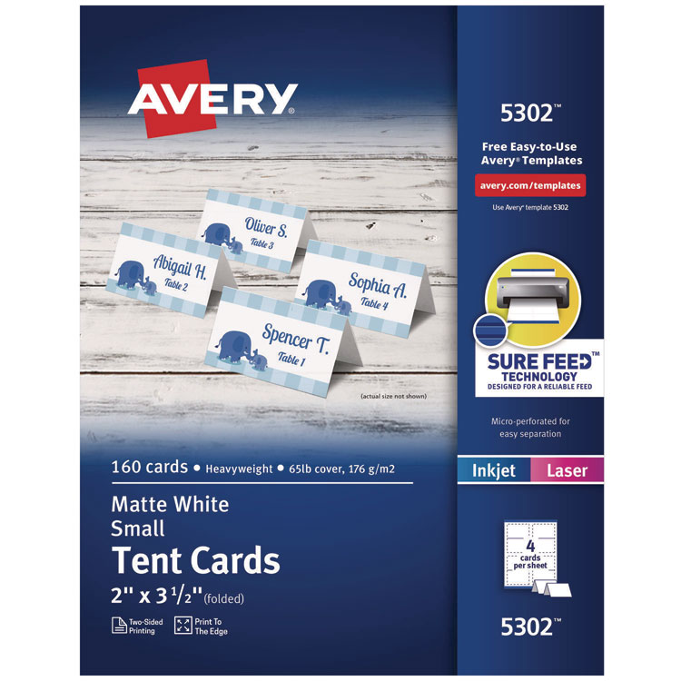 Avery Small Tent Card, White, 3.5 x 2, 4 Cards/Sheet, 40 Sheets/Pack (AVE5302)