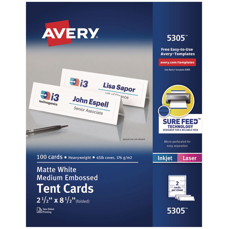 Avery Medium Embossed Tent Cards, White, 8.5 x 2.5, 2 Cards/Sheet, 50 Sheets/Box (AVE5305)