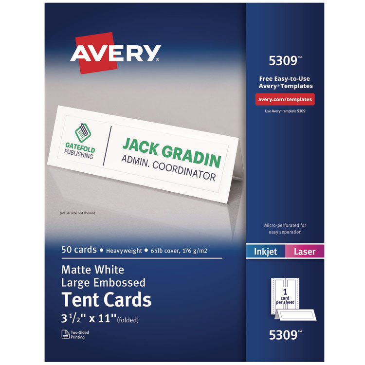 Avery Large Embossed Tent Card, White, 11, x 3.5, 1 Card/Sheet, 50 Sheets/Box (AVE5309)