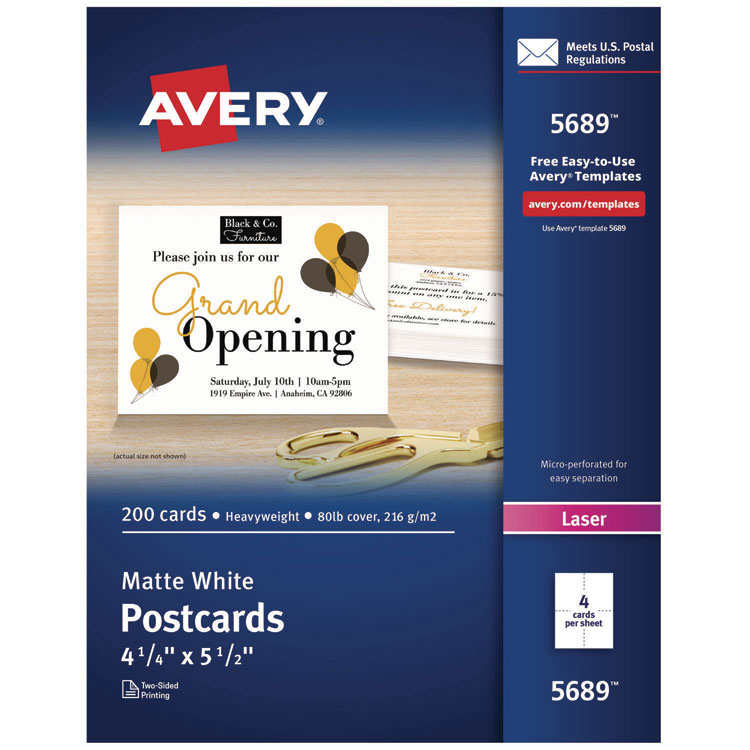 Avery Printable Postcards, Laser, 80 lb, 4.25 x 5.5, Matte White, 200 Cards, 4 Cards/Sheet, 50 Sheets/Box (AVE5689)