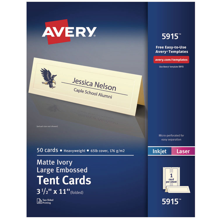 Avery Large Embossed Tent Card, Ivory, 11 x 3.5,, 1 Card/Sheet, 50 Sheets/Pack (AVE5915)