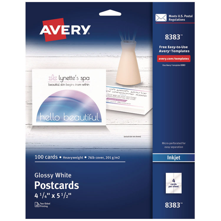 Avery Photo-Quality Printable Postcards, Inkjet, 74 lb, 4.25 x 5.5, Glossy White, 100 Cards, 4 Cards/Sheet, 25 Sheets/Pack (AVE8383)