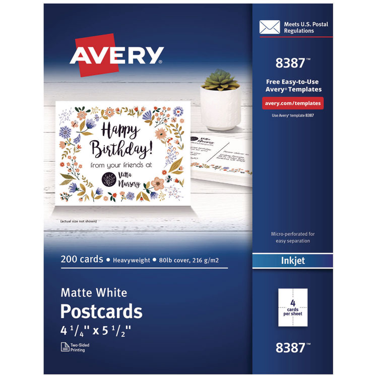 Avery Printable Postcards, Inkjet, 80 lb, 4.25 x 5.5, Matte White, 200 Cards, 4 Cards/Sheet, 50 Sheets/Box (AVE8387)