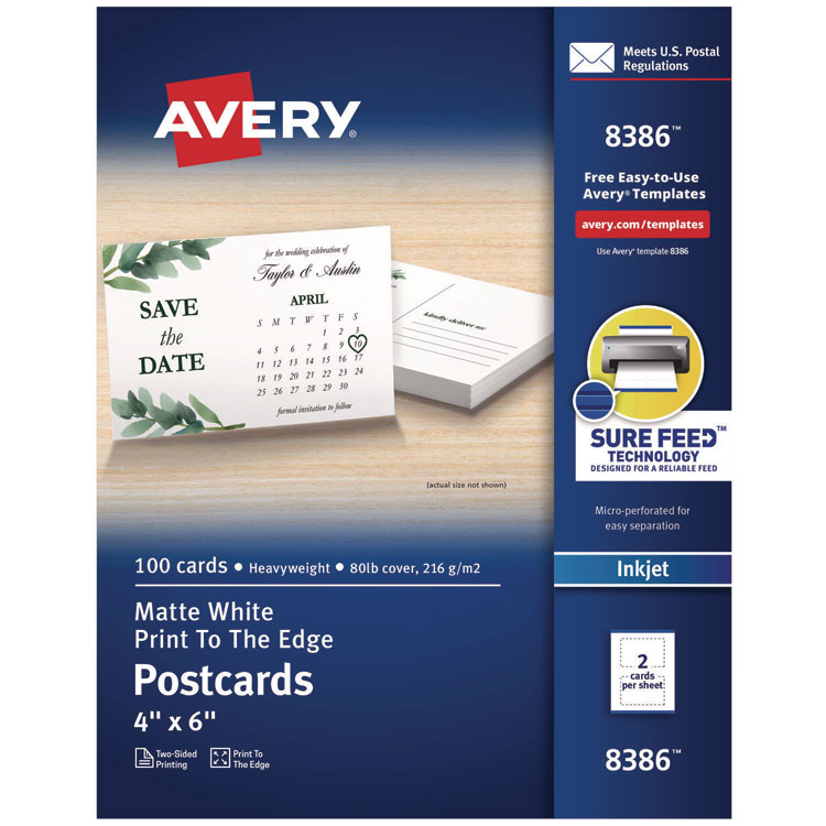 Avery Printable Postcards, Inkjet, 80 lb, 4 x 6, Matte White, 100 Cards, 2 Cards/Sheet, 50 Sheets/Box (AVE8386)