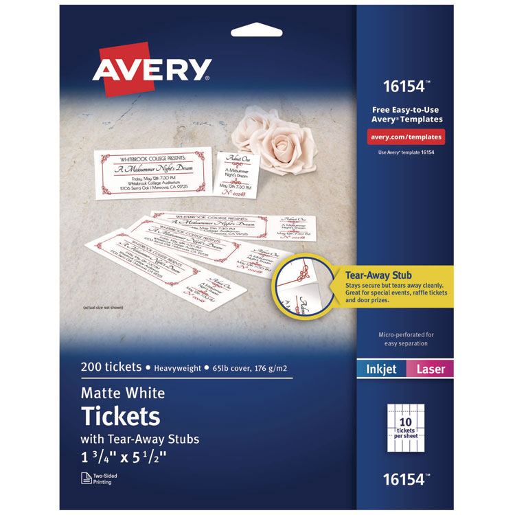 Avery Printable Tickets w/Tear-Away Stubs, 97 Bright, 65 lb Cover Weight, 8.5 x 11, White, 10 Tickets/Sheet, 20 Sheets/Pack (AVE16154)