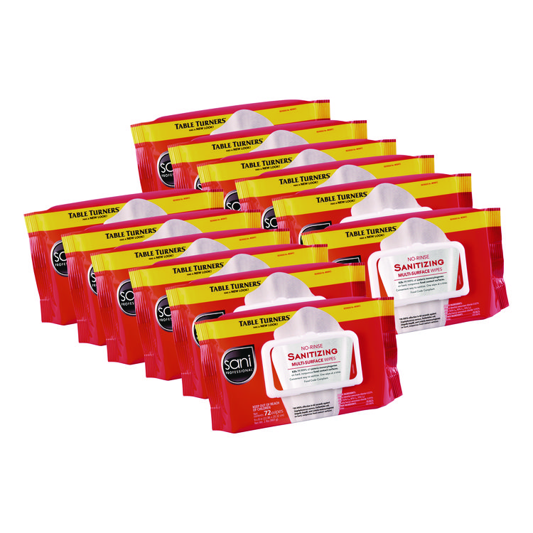 Sani Professional No-Rinse Sanitizing Multi-Surface Wipes, 1-Ply, 8 x 9, Unscented, White, 72 Wipes/Pack, 12 Packs/Carton (NICM30472)