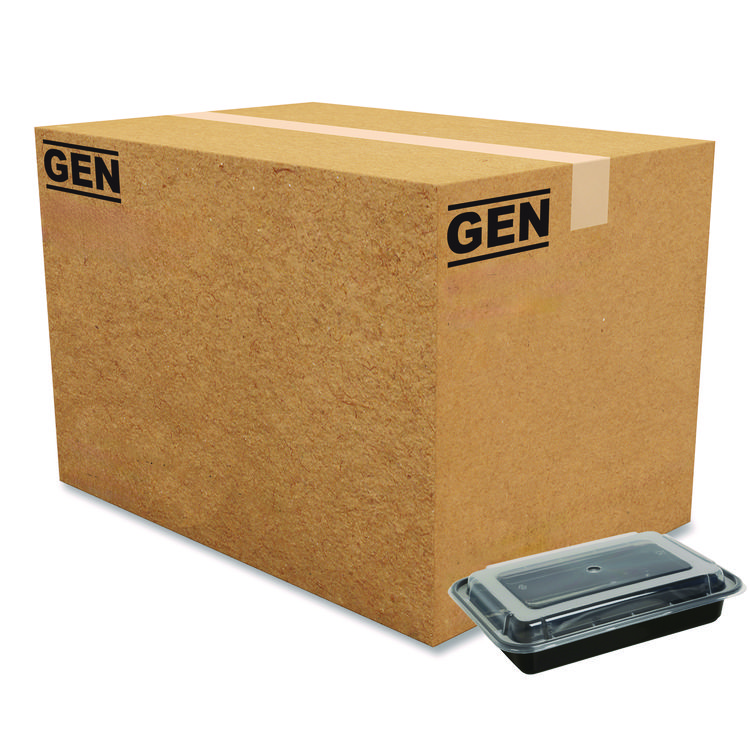 GEN Microwavable Food Container with Lid, Rectangular, 28 oz, 8.81 x 6.02 x 2.04, Black/Clear, Plastic, 150/Carton (GENTORECT28)