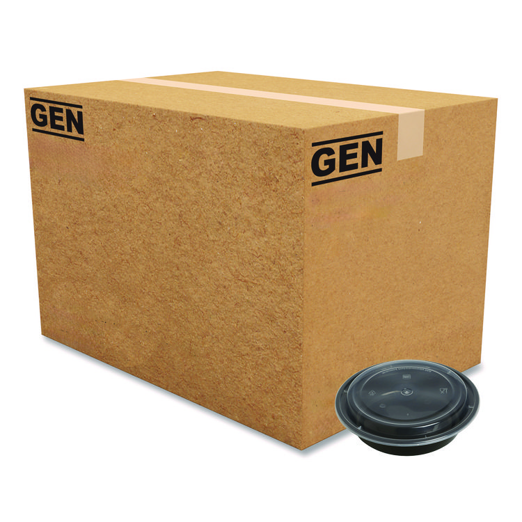 GEN Microwavable Food Container with Lid, Round, 24 oz, 7.28 x 7.28 x 1.96, Black/Clear, Plastic, 150/Carton (GENTORND24)