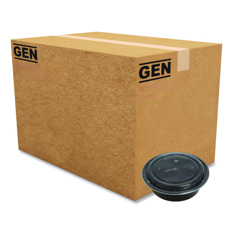 GEN Microwavable Food Container with Lid, Round, 32 oz, 7.28 x 7.28 x 2.55, Black/Clear, Plastic, 150/Carton (GENTORND32)