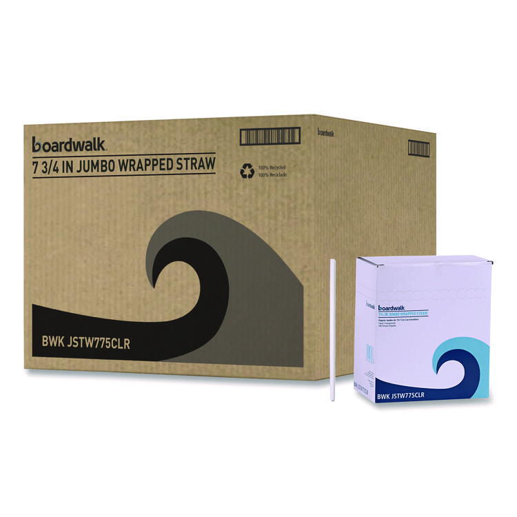 Boardwalk Wrapped Jumbo Straws, 7.75", Polypropylene, Clear, 500/Pack, 24 Packs/Carton (BWKJSTW775CLR)