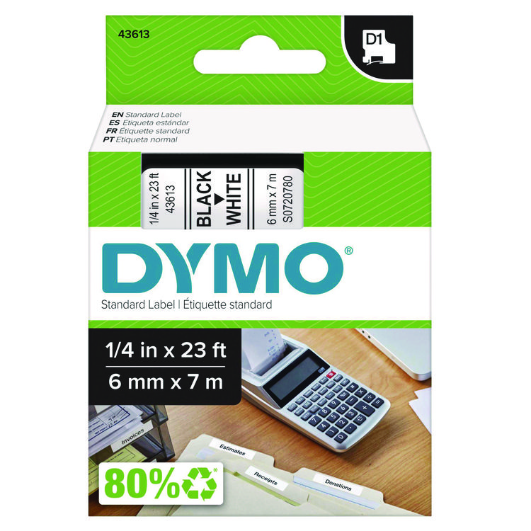 DYMO D1 High-Performance Polyester Removable Label Tape, 0.25" x 23 ft, Black on White (DYM43613)