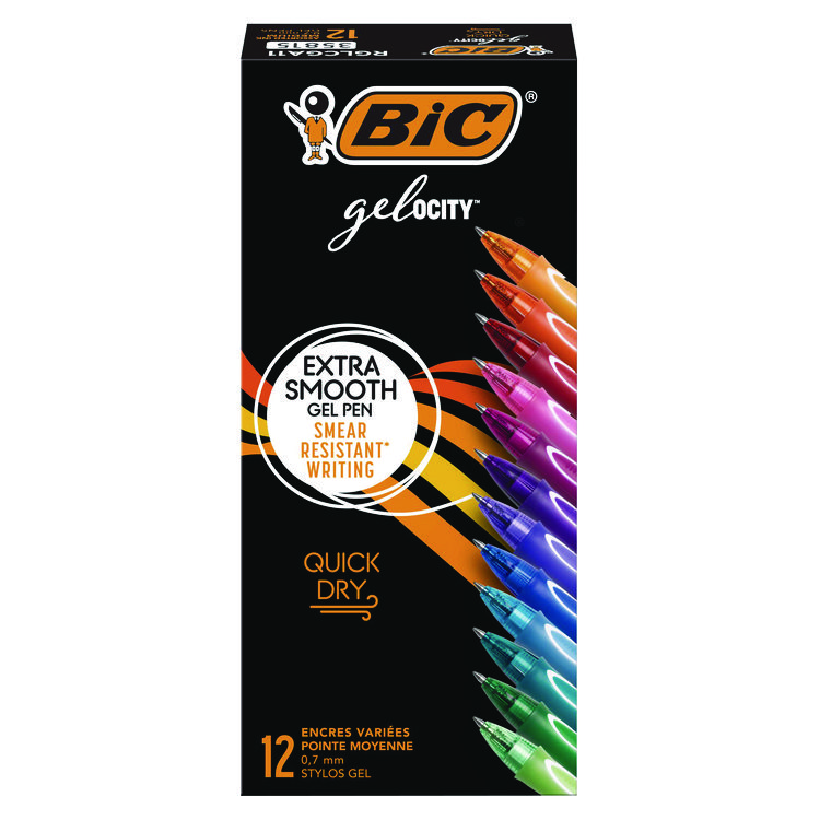 BIC Gel-ocity Quick Dry Gel Pen, Retractable, Fine 0.7 mm, Assorted Ink and Barrel Colors, Dozen (BICRGLCGA11AST)
