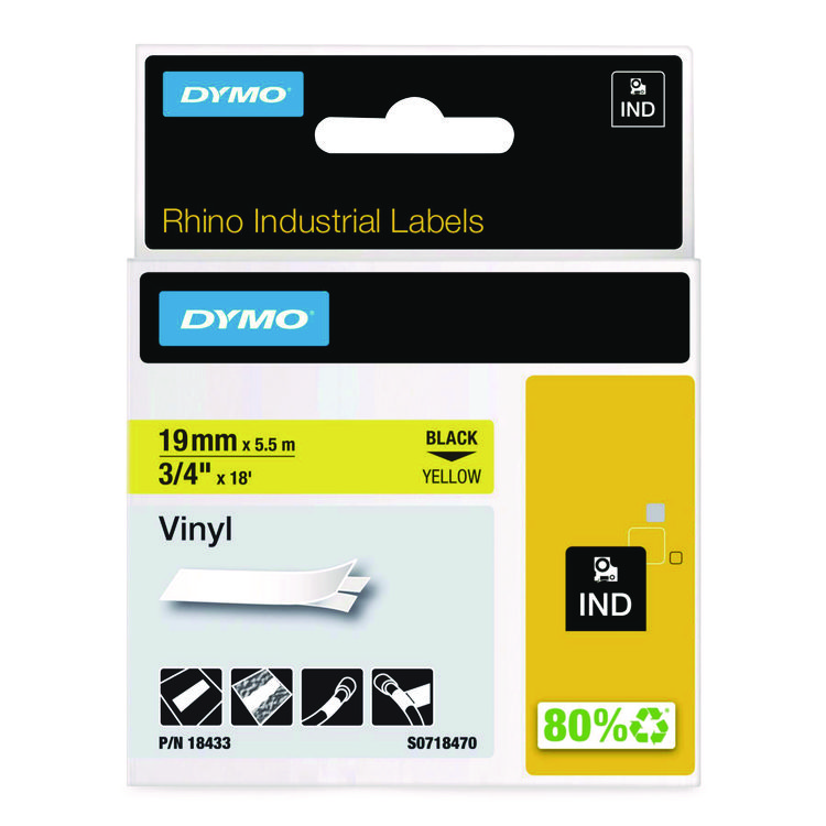 DYMO Rhino Permanent Vinyl Industrial Label Tape, 0.75" x 18 ft, Yellow/Black Print (DYM18433)