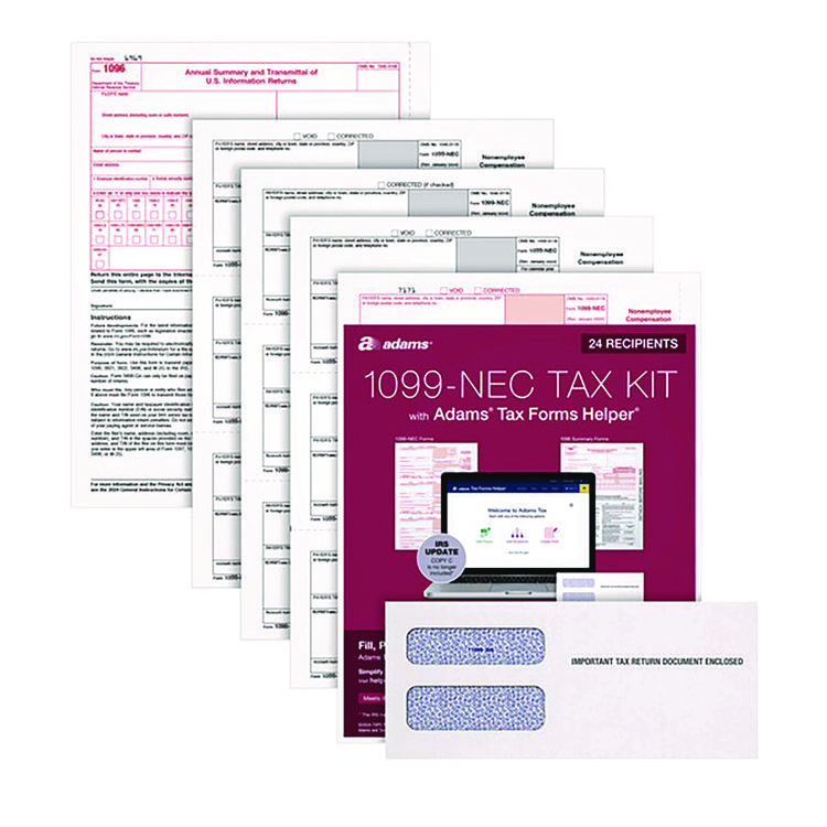 Adams 4-Part 1099-NEC Tax Form Kit with Security Envelopes and Tax Forms Helper, 2024, 8.5 x 3.5, 3 Forms/Sheet, 24 Forms Total (TOP22905KITNEC)