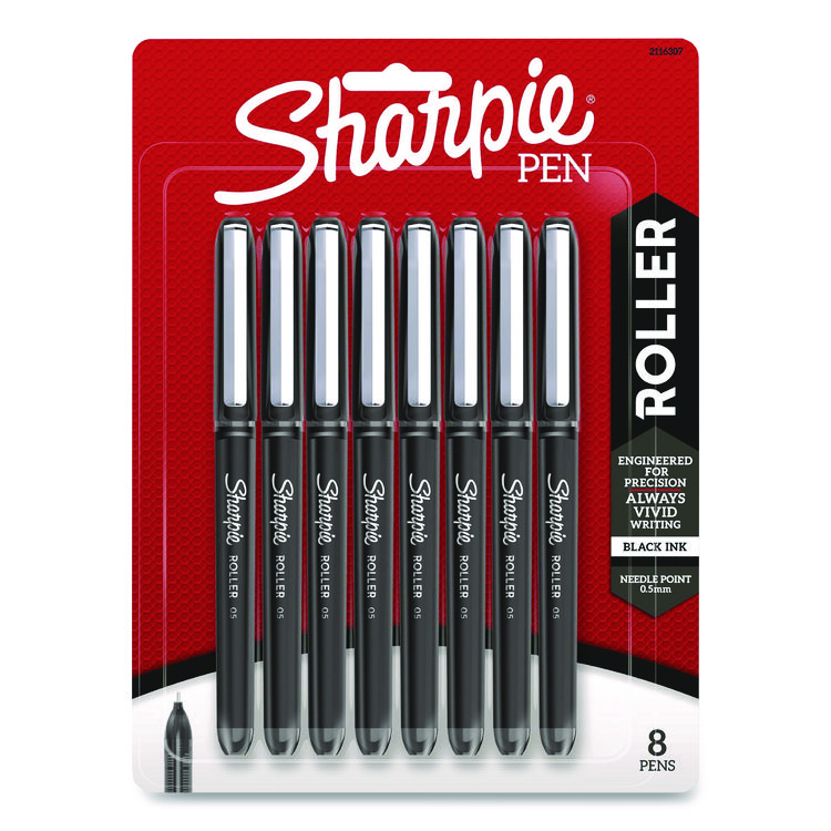 Sharpie Roller Professional Design Rollerball Pen, Stick, Fine 0.5 mm, Black Ink, Black Barrel, 8/Pack (SAN2116307)