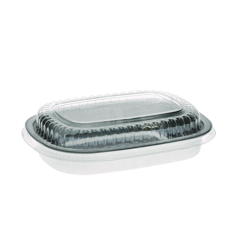 Pactiv Evergreen Classic Carry-Out Container with PET Dome Lid, 22 oz, 8.2 x 6.2 x 1.3, Silver/Clear, Aluminum, 100/Carton (PCTY6708PET)