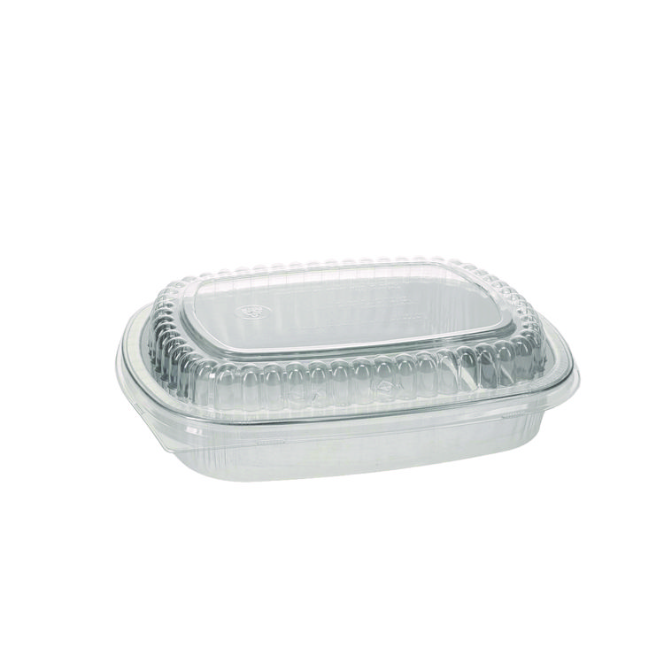 Pactiv Evergreen Classic Carry-Out Container with PET Dome Lid, 46 oz, 9.8 x 7.8 x 1.3, Silver/Clear, Aluminum, 50/Carton (PCTY6710PET)