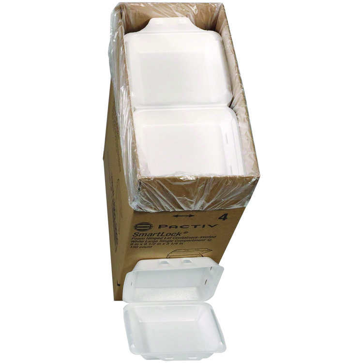 Pactiv Evergreen SmartLock Vented Foam Hinged Lid Container, 9 x 9.5 x 3.3, White, 150/Carton (PCTYHLWV9010000)