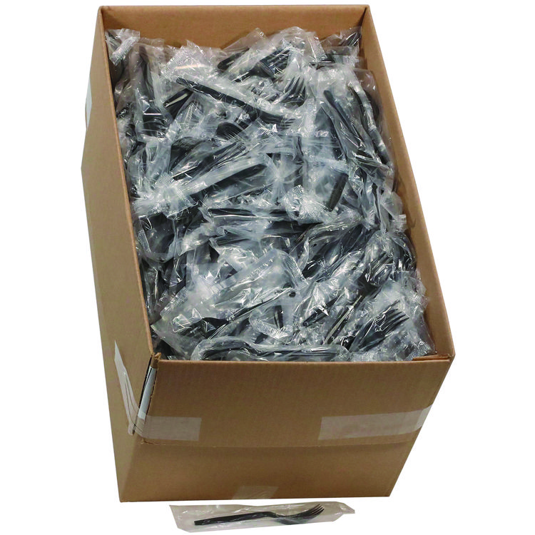 Pactiv Evergreen Meadoware Cutlery, Individually Wrapped, Medium Heavyweight Fork, Plastic, Black, 1,000/Carton (PCTMKFE)