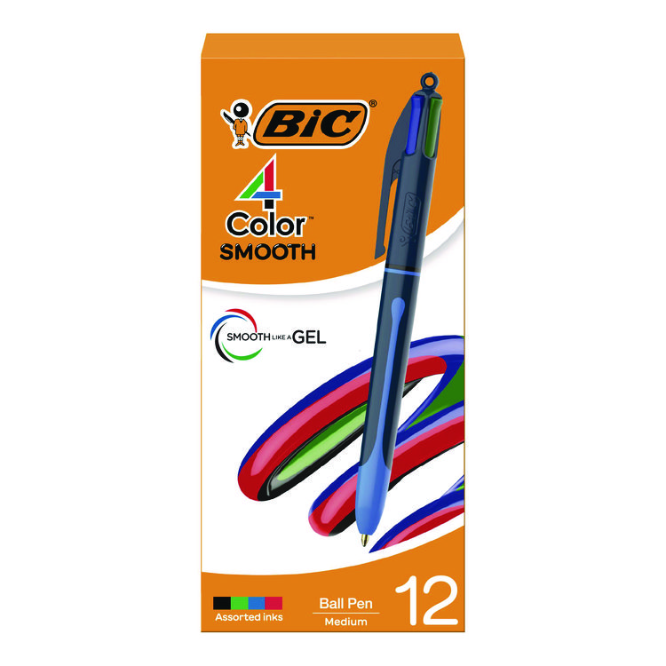 BIC 4-Color Smooth Multi-Color Ballpoint Pen, Retractable, Medium 1 mm, Black/Blue/Green/Red Ink, Black/Blue Barrel, 12/Pack (BICMMS11AAST)