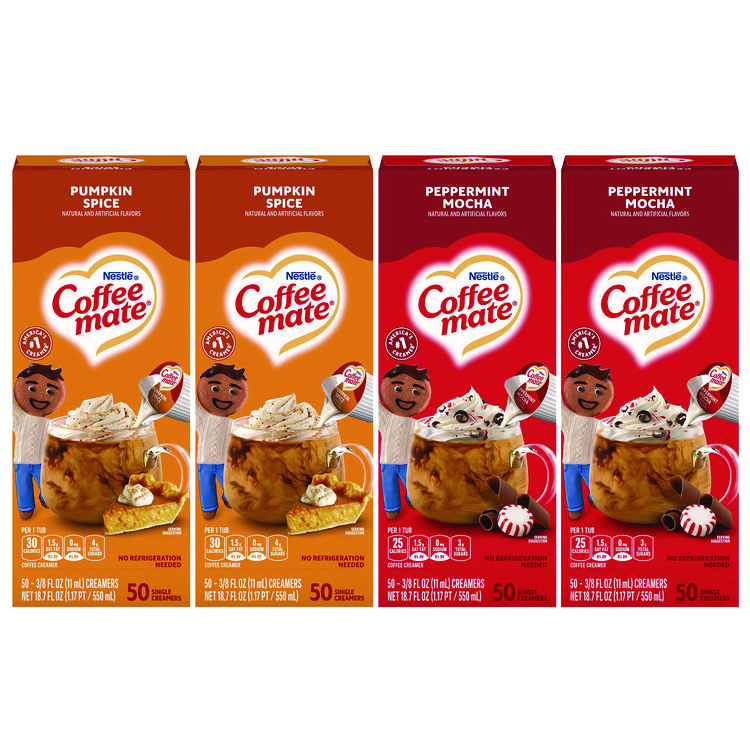 Coffee mate Liquid Coffee Creamer, Peppermint Mocha/Pumpkin Spice, 0.38 oz Mini Cups, 50/Pack, 4 Packs/Carton (GRR70000095)