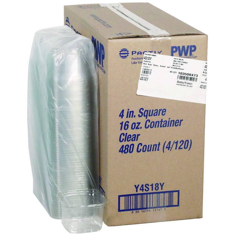 Pactiv Evergreen PET Square Container, 16 oz, 4 x 4 x 3, Clear, Plastic, 480/Carton (PCT4S18Y)