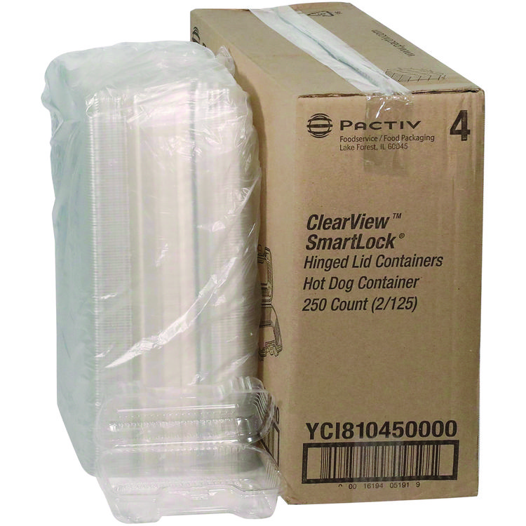 Pactiv Evergreen Hinged Lid Hot Dog Container, 6.5 x 2.25 x 2.75, Clear, Plastic, 250/Carton (PCTYCI810450000)