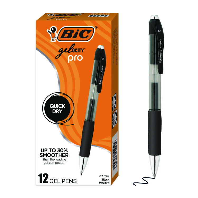 BIC Gel-ocity Pro Quick Dry Gel Pen, Retractable, Medium 0.7 mm, Black Ink, Black/Clear Barrel, 12/Pack (BICRPGL11BLK)
