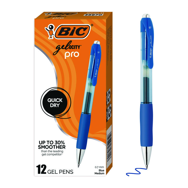 BIC Gel-ocity Pro Quick Dry Gel Pen, Retractable, Medium 0.7 mm, Blue Ink, Blue/Clear Barrel, 12/Pack (BICRPGL11BLU)