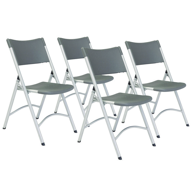 NPS 600 Series Heavy Duty Plastic Folding Chair, Supports Up to 500 lb, 18" Seat Height, Gray Seat/Back, Silver Base, 4/Pack (NPS620)