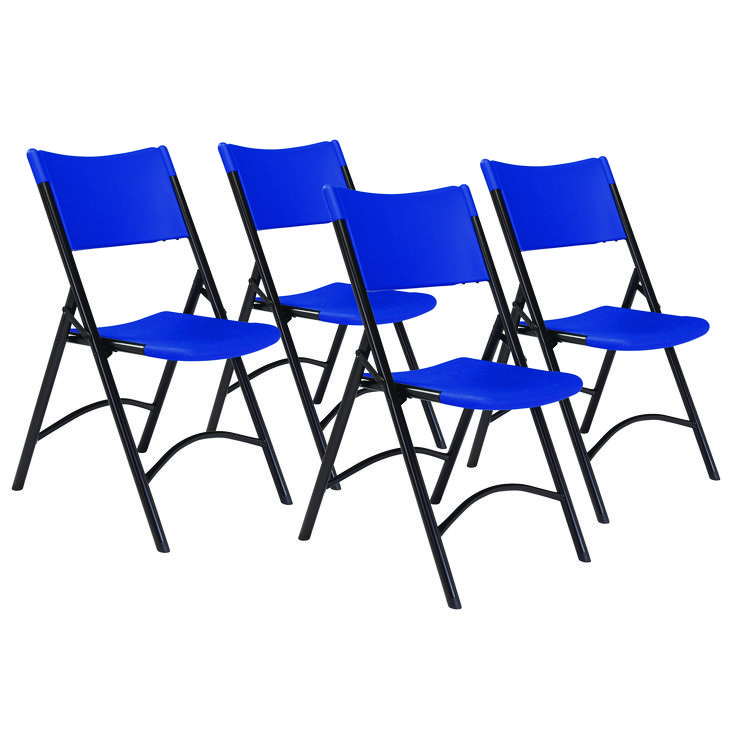 NPS 600 Series Heavy Duty Plastic Folding Chair, Supports Up to 500 lb, 18" Seat Height, Blue Seat/Back, Black Base, 4/Pack (NPS604)