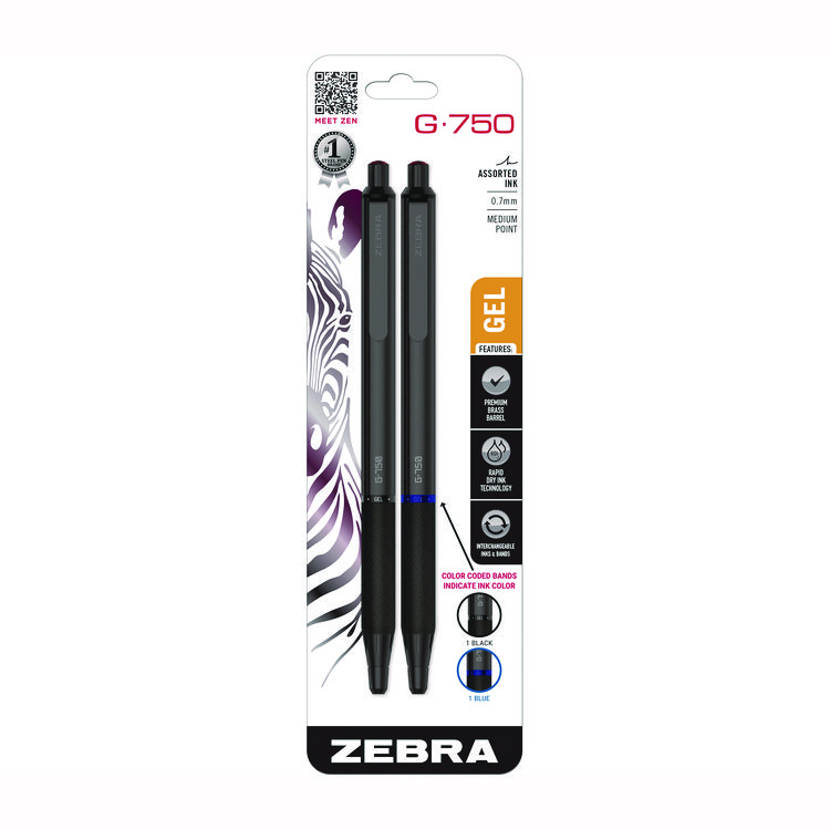 Zebra G-750 Gel Pen, Retractable, Medium 0.7 mm, Black; Blue Ink, Black Barrel, 2/Pack (ZEB49802)