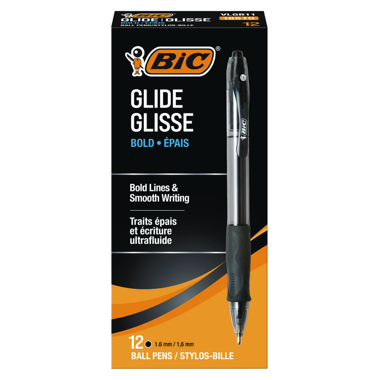 BIC GLIDE Bold Ballpoint Pen, Retractable, Bold 1.6 mm, Black Ink, Smoke Barrel, Dozen (BICVLGB11BK)